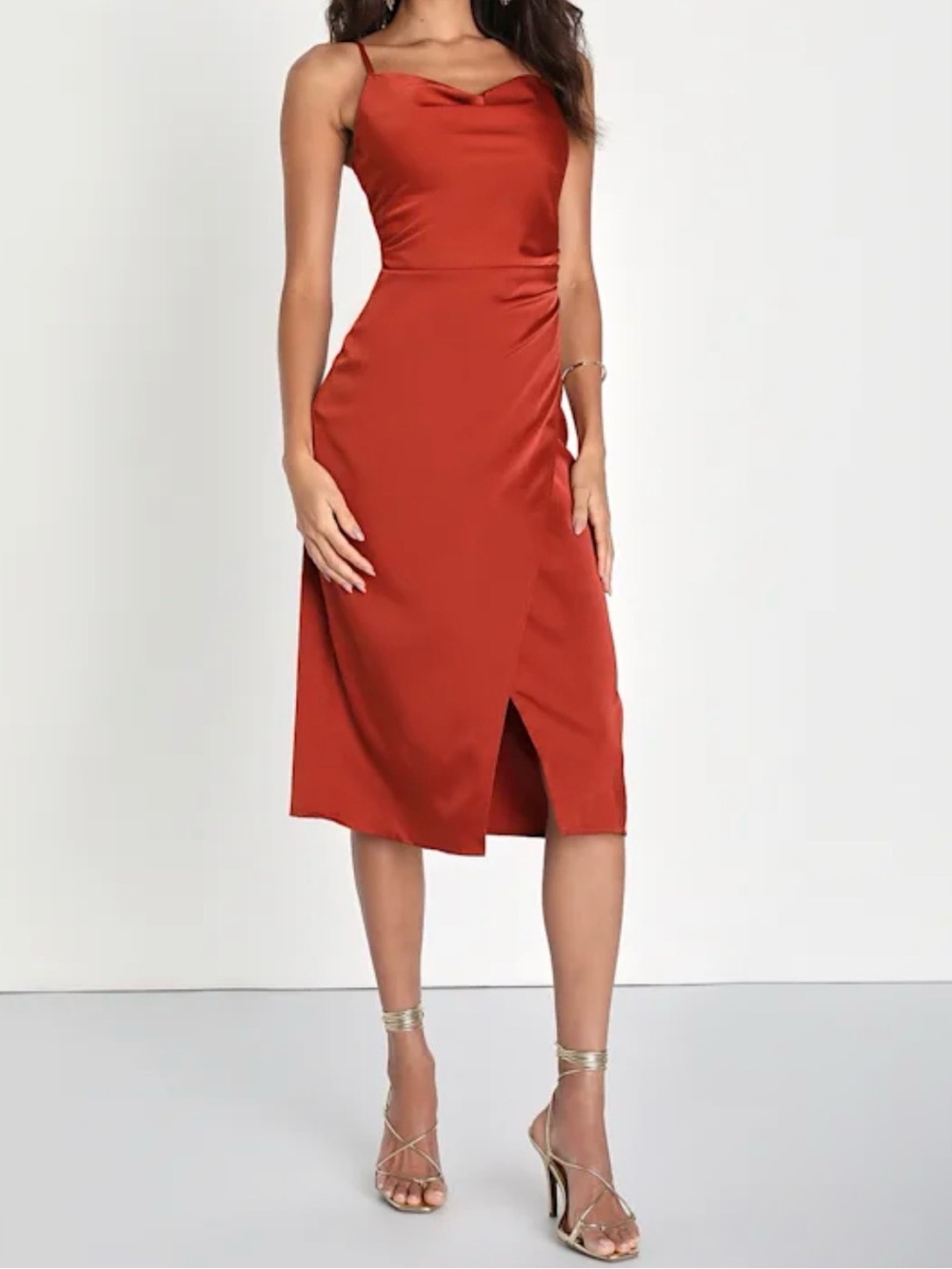 Lulu's Rust Satin Cowl Midi Dress